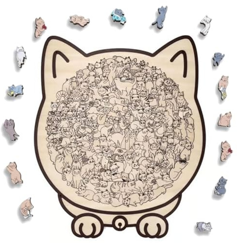 Puzzle en bois en forme de chat de 135 pièces pour adultes, cadeau créatif en forme de chat, chat mignon décoratif avec contours de chats adorables encadrés, décoration d'intérieur