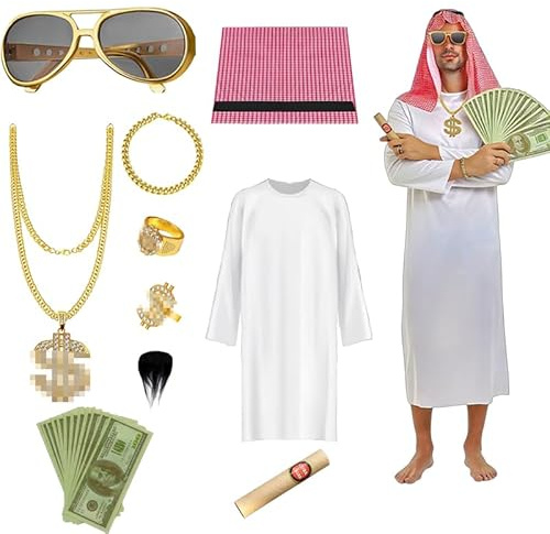 Mino Plus arabisk kostym för män, lekdräkt vuxen vit klänning, arabisk kostym set, Sheikh arabisk kostym för män med ringar, för karneval, fest, cosplay