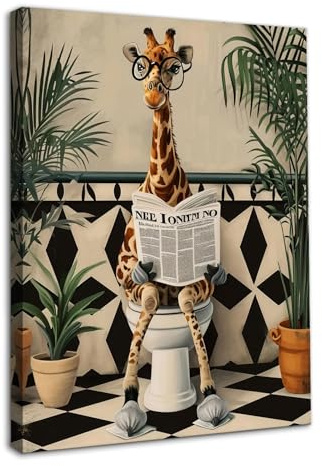 Dazzlewall Arte de Pared Baño Jirafa Divertida, Póster de Jirafa con Gafas Leyendo Periódico para Baño Inodoro 30×40 cm Enmarcado