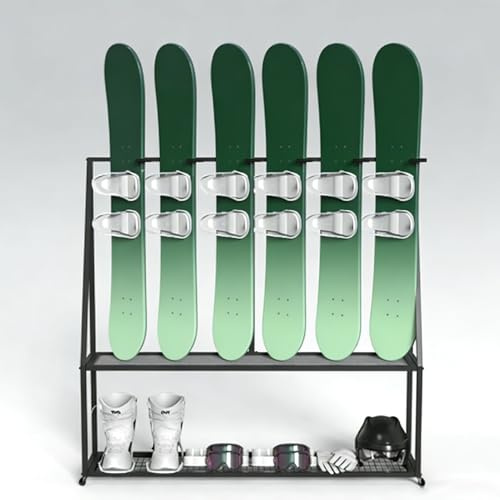 Skidförvaringshylla Ställ Fristående Snowboardställ för Pjäxor/Hjälmarrangör, Förvaringshållare för Längdskidor i Garage/Källare, Dubbelt Lager Longboardhylla(Holds 6 pcs)