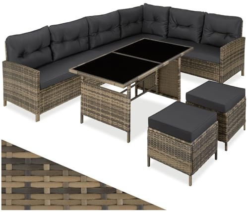 tectake® Set Salotto in Rattan, Salotto da Giardino Esterno, Telaio in Acciaio, Tavolino da Salotto con 2 Piani in Vetro, Divani, Cuscini Relax, Sgabelli Poggiapiedi, Piscina, Giardino - Naturale