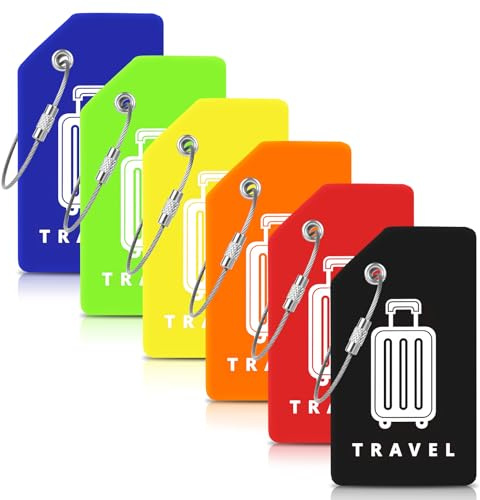 AOOTE Etiquette Valise,6 Pièces Étiquettes de Bagage en Silicone,Étiquettes de Valise de Bagage avec Cordes en Acier Inoxydable pour Informations Personnelles,Sac de Voyage Valise(Multicolor)