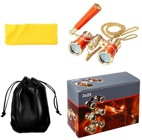 JewelryWe operaglas dubbelkikare för vuxna, 3 x förstoring, 25 mm lins, för opera, konsert och hästracing, orange, justerbart handtag med kedja, K9-glas och metallram