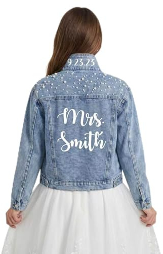 Monicustom Chaqueta de novia vaquera personalizada para boda, chaqueta vaquera para mujer con perlas, futura esposa Wifey, azul, 4XL