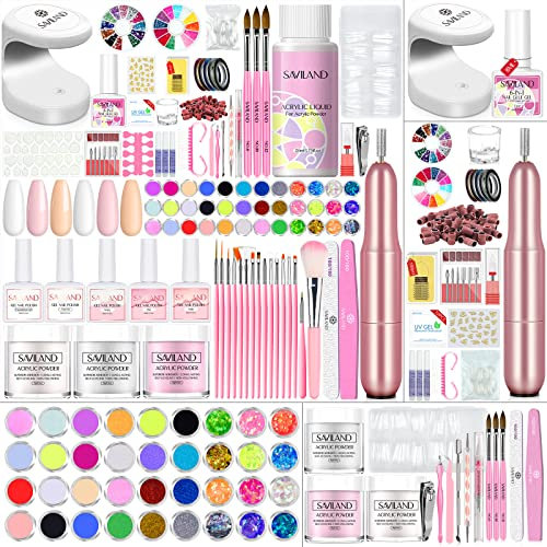 Saviland Kit Manucure Complet, Super Fin Poudre Acrylique, Liquide Acrylique, Lampe U V, Ponceuse Pour Ongles, Vernis a Ongle, Capsule, Chalbon, Kit Nail Art Complet d'Extension d'Ongles pour Debutant