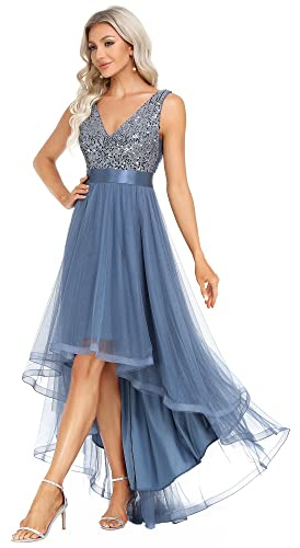 Ever-Pretty Abito da Cerimonia Donna Scollo a V Paillettes Stile Impero Senza Schienale Petto Basso Corto Davanti Lungo Dietro Vestiti da Damigella Denim Blu 50EU