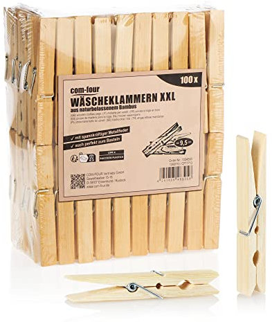 Com-Four® 100x Wäscheklammern XXL aus Bambus - Große Nachhaltige Holzklammern - Unbehandelte Klemmen ca. 9,5 cm zum Wäscheaufhängen, Basteln und Dekorieren (100 Stück XXL)