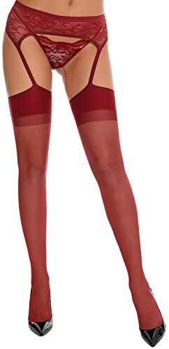 Collant Bretelle Pizzo Trasprente Sexy da Donna,Reggicalze Velato Calze Autoreggenti Attaccate Alla Coscia,Lingerie Sexy Calze Autoreggenti Morbide a Vita Alta Calze Biancheria Intima (Borgogna)