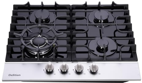 24 Inch Gas Cooktop DT4188A Tempered Glass Built-in Gas Stovetop, 4 High Efficiency Burners LPG/NG Convertible Gas Stove Top Dual Fuel Gas Hob