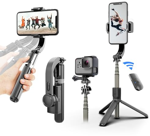 Gimbal Stabilizer for Smartphone ，with Retractable Selfie Stick and Tripod，1-Axis Multifunction Remote 360°Automatic Rotation， Auto Balance for iPhone/Android