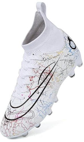 PiDaGlobal Chaussures de Football Homme Professionnel Crampons Antidérapants pour l'entraînement Adolescents High Top Chaussures de Sport Athlétisme compétition 34EU Blanc