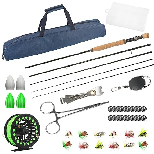 Karlak Juego combinado de caña y carrete de pesca con mosca de carbono, kit de 42 piezas, equipo de pesca con mosca, paquete de caña y carrete de pesca con mosca,kit de iniciación para pesca con mosca
