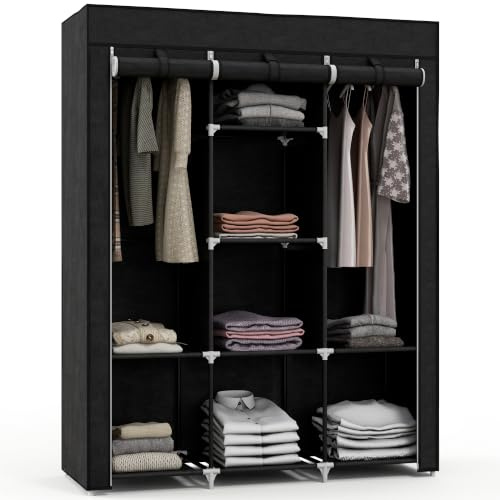 HOMCOM Armoire Penderie en Tissu 125x43x162,5cm Noir | Meuble de Rangement, Tringle à Vêtements, Étagères Ouvertes, Penderie Vêtement Dressing, pour Chambre à Coucher