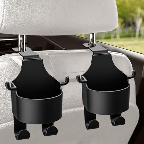 2 Pack Portable Seat Cup Holder with Hooks, Multi-functional Car Seat Back Hook & Backseat Cup Holder