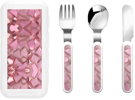Rose Gold Faux Glitter print Travel Utensil Set with Case. Include Fork Spoon Knife,Ergonomic Right Handed Spoon