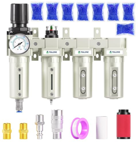 TAILONZ PNEUMATIC 0-240 PSI 1/2 Inch NPT Industrial Grade 4-Stage Air Drying System, Particulate Filter, Dual Desiccant Dryer, 5 Micron & 0.01 Micron Filtration (Auto Drain)