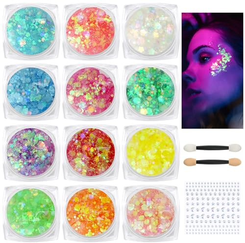 BUTBU Lentejuelas fluorescentes, 12 colores de gel con purpurina para cuerpo, purpurina fluorescente, gel de maquillaje para cuerpo, labios, maquillaje, máscara, Halloween, Navidad, fiestas musicales