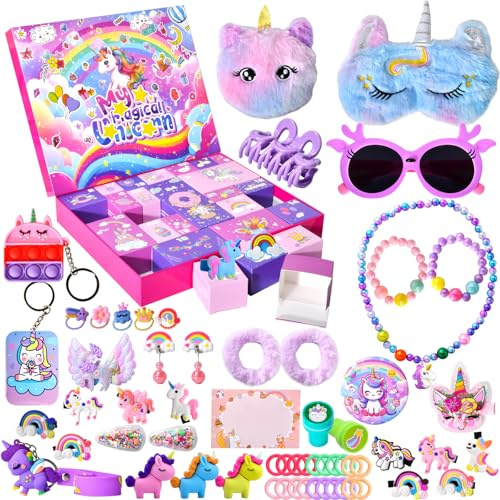 Calendrier de l'Avent licorne fille 2025, calendrier de Noël à rebours licorne, avec 24 jours de cadeaux surprises pour les enfants filles, paquet surprise avec bijoux bijoux de cheveux jouets