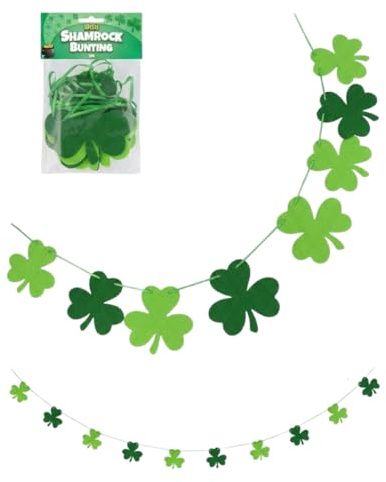 TC Toys - 3m Felt Shamrock Bunting – 10 Green Clovers St Patricks Day Decoration – Reusable Irish Party Garland for Home, Pub & Office – Lucky Four Leaf Clover Hanging Decor