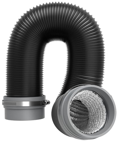 Tubo de evacuación de aire 75 mm 5 m con conector flexible, conducto de ventilación 4 capas PVC aluminio con 2 abrazaderas, flexible y recortable, para ventilación y aire caliente