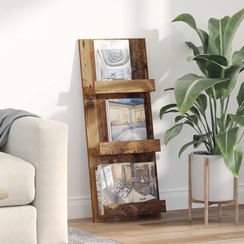 Ziaphsol Étagère à revues en bois aspect bois vieilli 43 x 11 x 102 cm avec 3 compartiments pour magazines et prospects, autoportante pour salon, bureau
