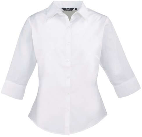 Premier Workwear Women's 3/4 Sleeve Poplin Blouse, White, 12