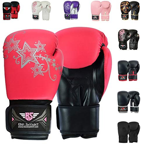 Echte Gel-Boxhandschuhe für Damen, rosa, fürs Fitnessstudio, Boxsack, Kickpolster, gemischte Kampfkünste und Thaiboxen, Black with Pink Silver Stars, 397 g