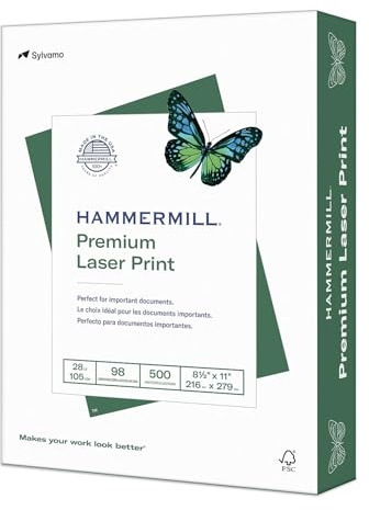 Hammermill Printer Paper, Premium Laser Print 28 lb, 8.5 x 11-1 Ream (500 Sheets) - 98 Bright, Made in the USA, 125534R