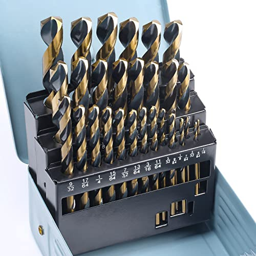 CaRoller 29Pcs Drill Bit Set, 135 Degree Tip High Speed Steel with Black and Gold Finish, Stainless Steel, Plastic and Wood with Metal Indexed Storage Case 1/16-1/2 (29pcs Black and Gold)