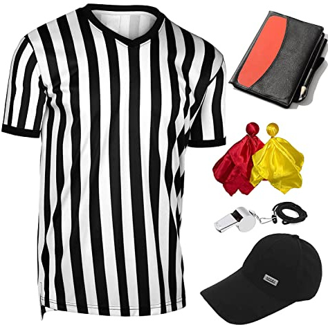 6 Pieces Men's Official Referee Costume Set, Official Umpire Jersey Collar V-Neck Referee Shirt Referee Cards Hat Whistle with Lanyard Penalty Flag, Referee Necessities for Basketball Football Soccer