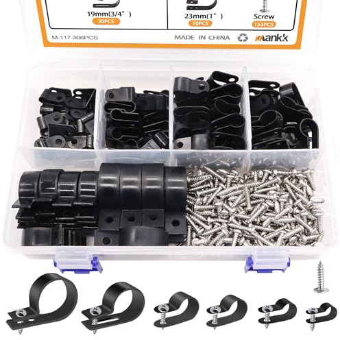 mankk 306PCS Cable Clips Wire Clips Assortment Kit Nylon Plastic R-Type Cable Clamps Wire Mounting Clips 6 Sizes 3/16'' 1/4'' 3/8'' 1/2'' 3/4'' 1'' with Screws for Cable Management