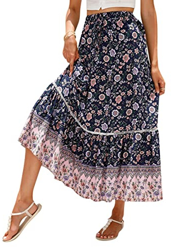 ORANDESIGNE Jupe Bohémienne Femme Skirt Bohème Midi Jupe A-Ligne Jupe d'été mi-Longue à Imprimé Floral Jupe de Plage décontractée Taille Haute A Bleu foncé XL
