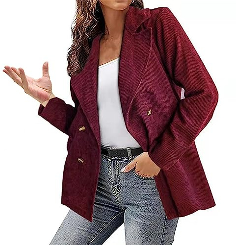 L9WEI Blazer para Mujer Elegante de Pana Monocolor - Chaqueta Retro de Oficina con Solapa y Botones - Vintage, Cálida para Otoño - Rojo Sandía