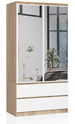 AKORD | Armadio con Specchio S | 90 cm Due Ante | 2 Cassetti con ripiani e Asta Appendiabiti | Mobiletto Cameretta Camera da Letto | Guardaroba | Pannello in laminato 16 mm | Sonoma/Bianco