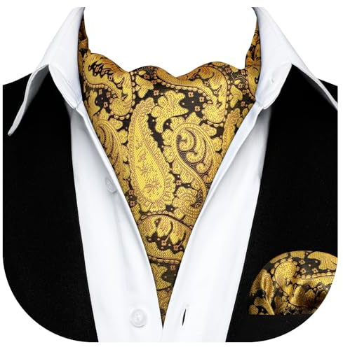 HISDERN Mens Cravat and Pocket Square Set Gold Paisley Cravat for Men Silk Ascot Tie and Handkerchief for Wedding Party Christmas