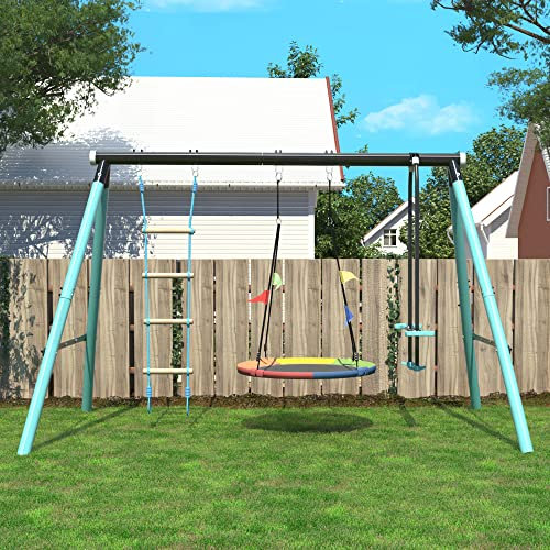 ModernLuxe Swing Set with Metal Frame, Nest Tree Swing, Height Adjustable Seesaw, Climbing Ladder, Outdoor Play Equipment for Children over 3 Years Old, Swing and Slide Set for Kids, Blue