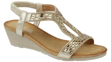 Jo & Joe Ladies Mid Heel Wedge Comfort Sandal with Glitzy Jewels and Elasticated Slingback Strap, Flexible sole sizes 4-8 (Rose Gold, UK Footwear Size System, Adult, Women, Numeric, Medium, 5)