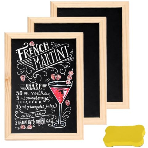 Lavagna Nera Lavagnetta per Gesso - 3 pezzi 20 x 30 cm Lavagna Legno con Gomma in Spugna, per bambini, matrimoni, memo, feste, scuola, cucina