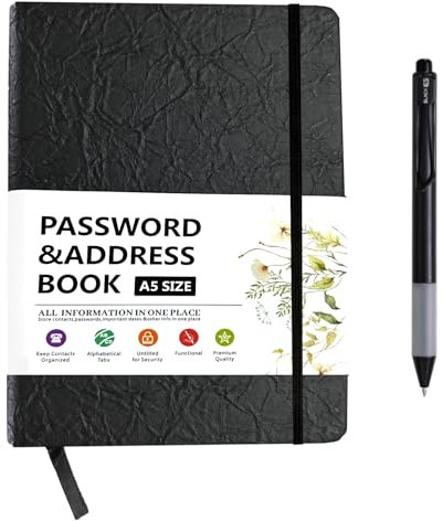 Deepton Passwort Buch, Passwortbuch mit Register A-Z, Notizbuch mit Register A5, Organizer für Websites, Benutzernamen und Passwörtern, Platz für 480 Passwörter, mit Gelstifte, Schwarz