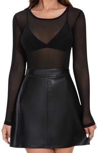 Becellen Mesh Top Women, Black Sheer Top Long Sleeves Stretchy Sheer T-Shirts See Through Slim Fit Mesh Blouse Crew Neck Transparent Women's Top for Party Clubwear
