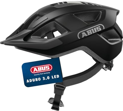 ABUS Aduro 3.0 LED Bike Helmet - sporty city Helmet in a stylish design for everyday and sporty Tours - with Rear Light - for Men and Women - Size S, black