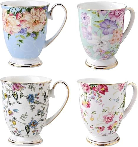MIATTCLD Kaffeetassen 4er Set, Blumenmuster Kaffeebecher, Große Knochen China Teetassen, 300 ml Trinkbecher mit Griff für Cappuccino Kaffee Tee Milch Büro Geschenk Becher (A)