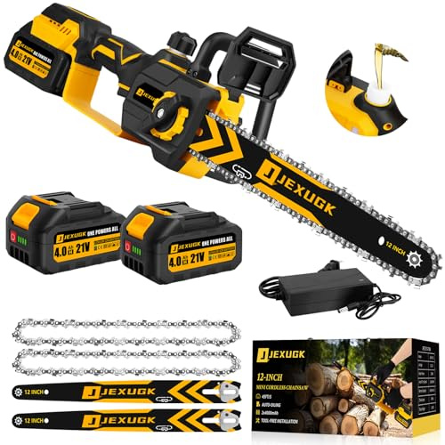 JEXUGK Mini motosierra inalámbrica, motosierra de mano sin escobillas de 12 pulgadas con 2 baterías recargables de 4.0 Ah, 2 placas guía, 3 cadenas para cortar madera rama de árbol