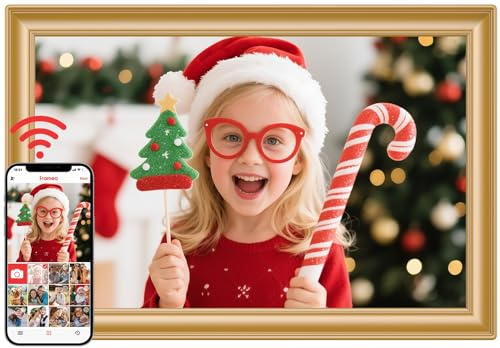 Frameo Cadre photo numérique WiFi 10,1 doré – 1280 x 800 HD IPS écran tactile cadre électronique, mémoire de 32 Go, rotation automatique, montage mural, cadre photo numérique pour partager des photos