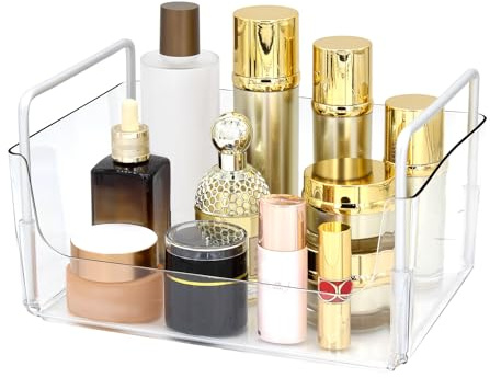 Clear Makeup Organizer Tray with Handles Bathroom & Vanity Storage for Cosmetics, Skincare - Countertop Organizer Kitchen Cabinet Storage Tray