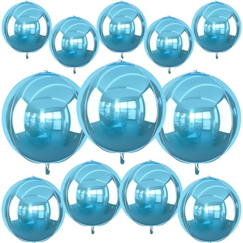 12Pcs Light Blue Round Foil Balloons, 22 15 10 4D Helium Ball Balloon, Metallic Pearl Blue Foil Balloon for Birthday Graduation Wedding Anniversary New Year Eve Disco Prom Party Decorations
