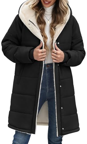 Vancavoo Women's Coats Winter Jacket Ladies Quilted Parka Warm Fleece Lined Thick Overcoat Full Zip Hooded Puffer Outerwear with Pockets,Black,L