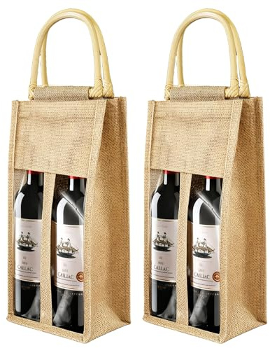 2 bolsas de vino, 2 botellas de vino, bolsas de regalo de yute con ventana transparente, bolsas de vino reutilizables para bodas, cumpleaños, fiestas, Navidad, vacaciones, festivales