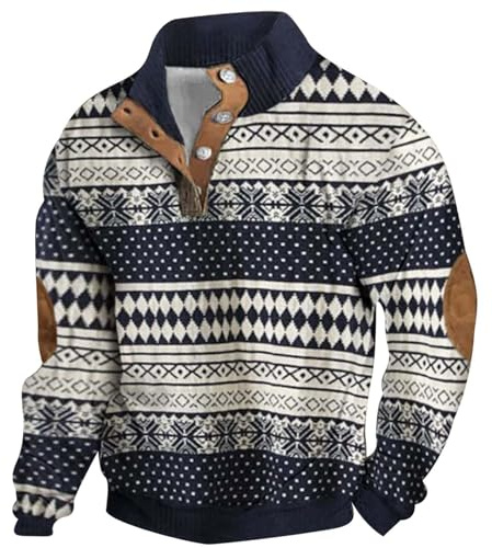 Generisch Jersey noruego para hombre con cuello alto - Jersey de punto clásico con tira de botones | Troyer invernal con parches en los codos, Style_q01 Blue, XXL