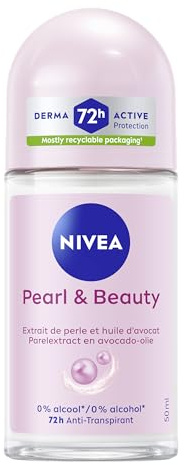 NIVEA - Déodorant Bille Pearl & Beauty - Déodorant Femme 72H Anti-Transpirant Aisselles - Extrait de Perles & Huile d'Avocat - 0% Alcool - Parfum Fleurs Délicates - Tous Types de Peaux - 50 ml
